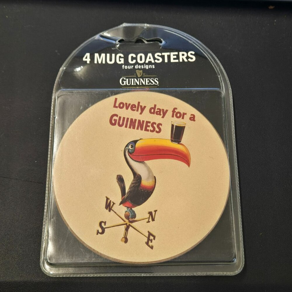 Guinness 4 Mug Coasters Set With Vintage Cartoon Toucan & Animal Designs
